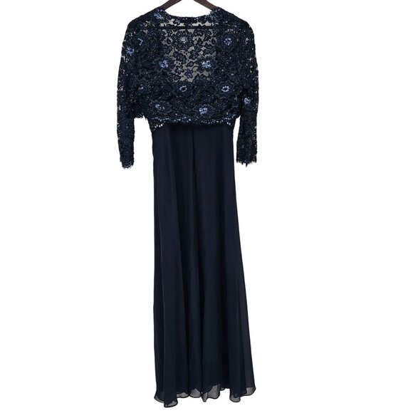 Tadashi Collection Navy Lace & Silk Chiffon Dress 12 Empire Waist Sweetheart - Picture 2 of 16